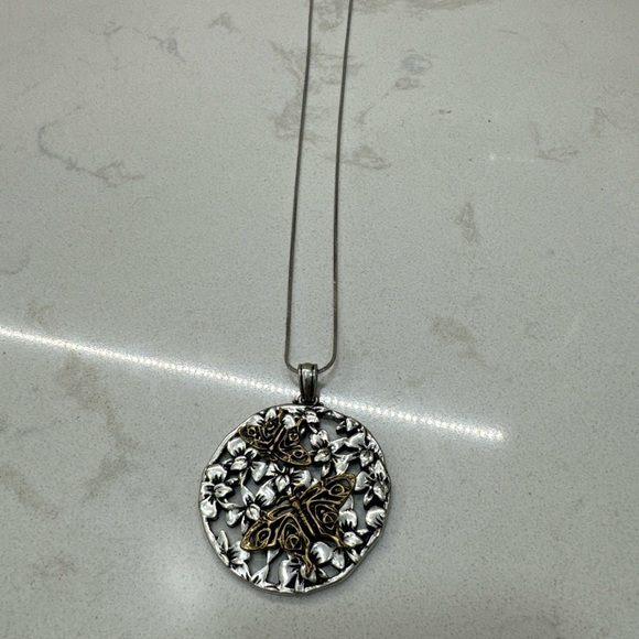 Mixed Metal Butterfly Pendant 2” On Chain - Picture 6 of 7